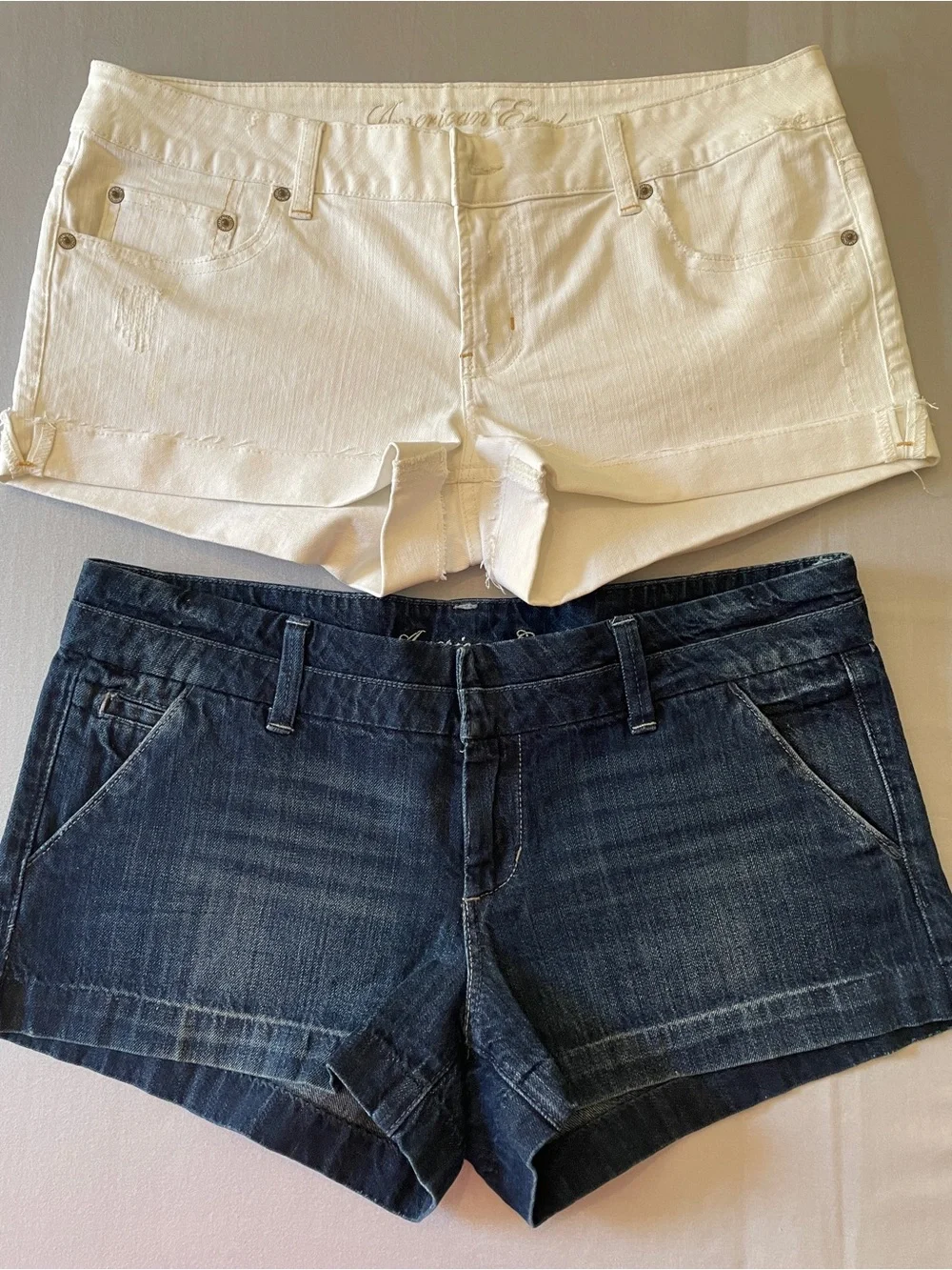 BUNDLE (2) pairs - American Eagle Stretch Denim Shorties, White & Dark Blue